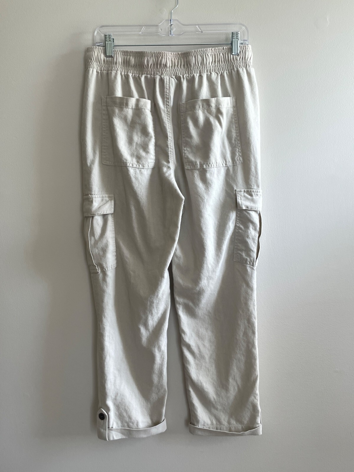 Rewash Linen Cuffed Cargo Pants Womens M Beige Elastic Waist Pockets