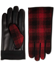 Isotoner Mens Sleek Heat Faux Leather Plaid Driving Gloves Red,Size Medium,