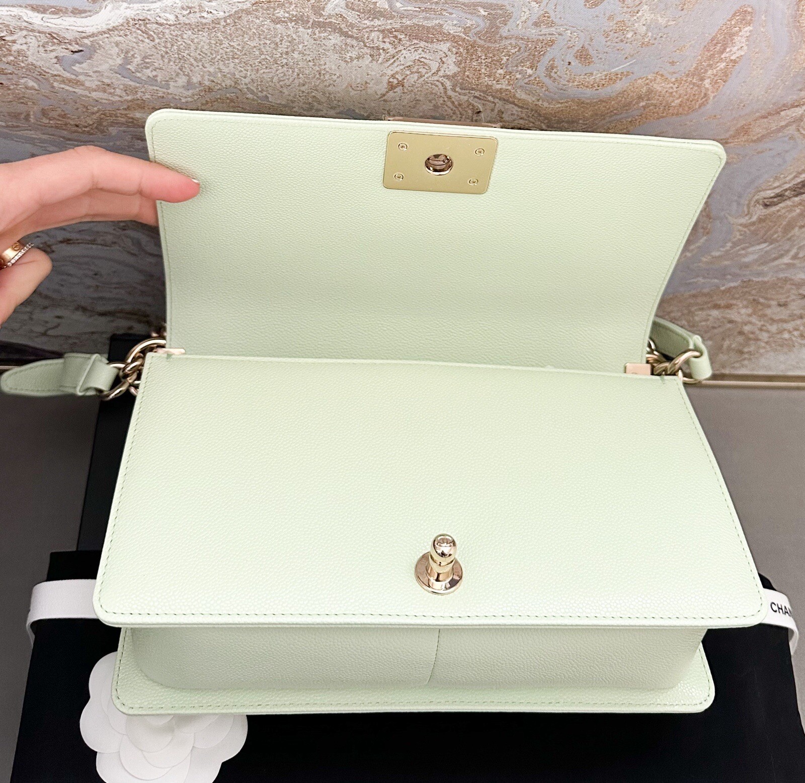 Chanel Medium Boy Caviar Chevron Quilted Light Green Flap Chain Shoulder Bag image 9