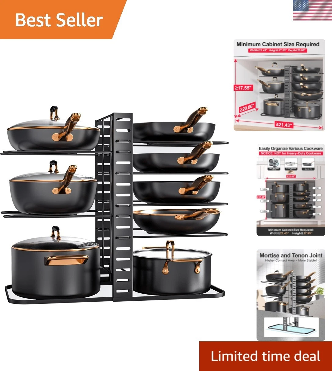 Pots and Pans Organizer Rack under Cabinet 14.55in Height, 8-Tiers Adjustable...
Opens in a new wind