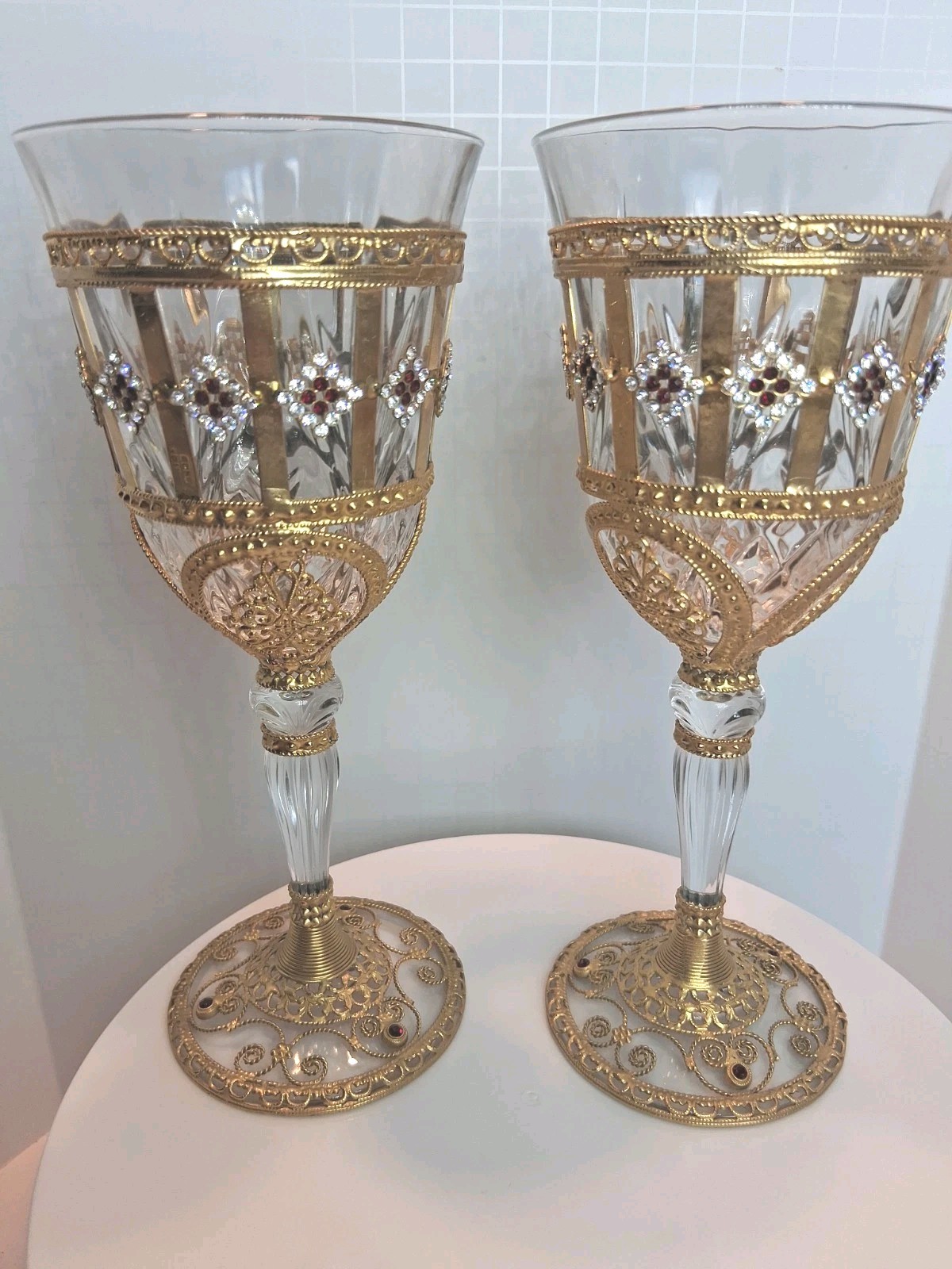 2 Hand Crafted Gold Color Metal Over Glass Wine Glasses With Faux Ruby & Diamond