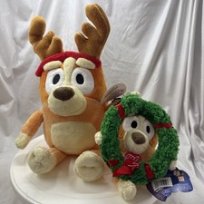 Lot Of 2 - Bluey Soft BINGO Plush 10  With Antlers, 7  Backpack Tag With Wreath