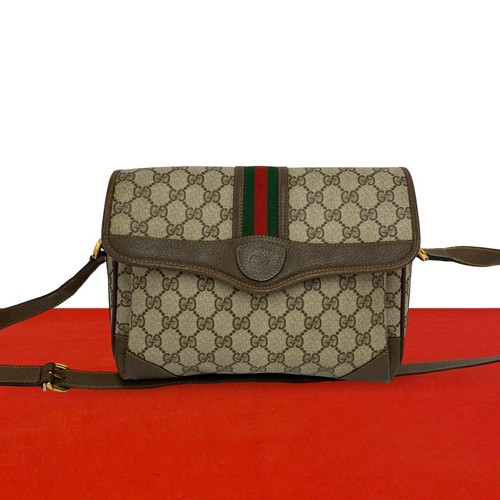 GUCCI Sherry line GG Logo Pattern Shoulder Bag leather PVC Brown 537-5