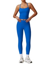 's Yoga Outfits Backless Strappy Sports Bra and Seamless Leggings Matching Ac...