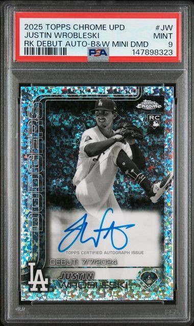 2025 Topps Chrome Upd  JUSTIN WROBLESKI Black/White Mini-Diamond RC AUTO SP PSA