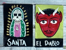 2 Tin Paintings Santa & Devil Day of the Dead Hand Painted Mexico Folk Art Sm