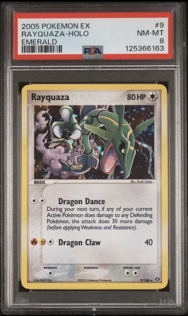 2005 POKEMON EX EMERALD #9 RAYQUAZA-HOLO PSA 8 DOUBLE SWIRL