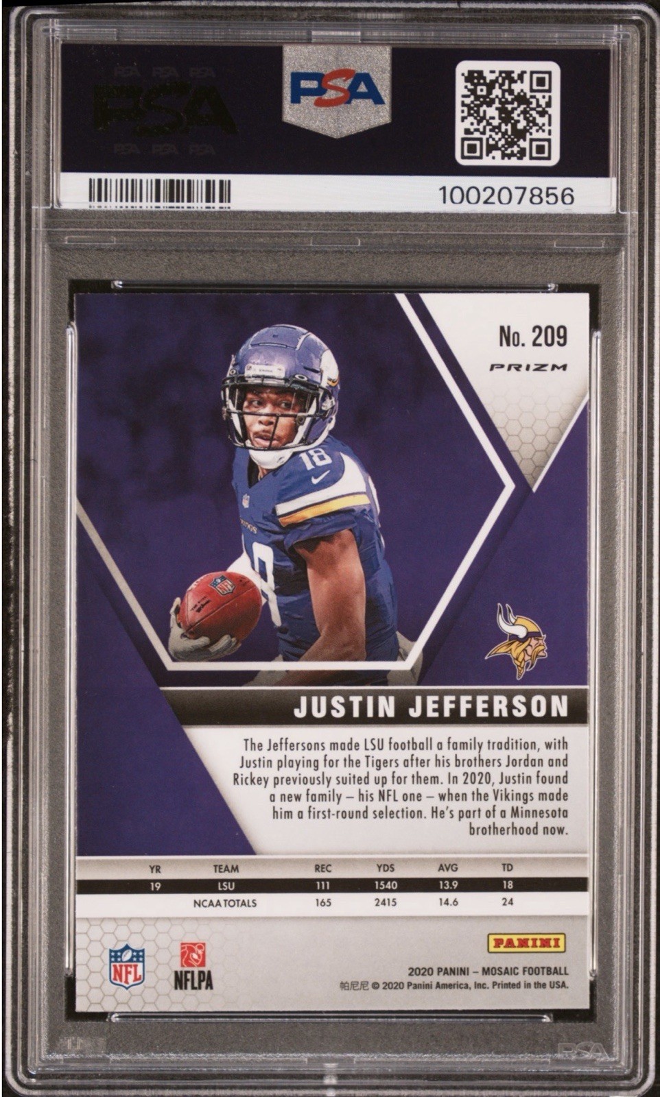 2020 Panini Mosaic Justin Jefferson Rookie #209 Red Mosaic PSA 10 view 2