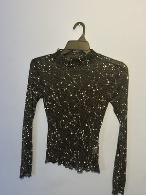 Sheer Black Glitter Rave Top Womens M-L Silver Stars High Neck Clubwear L4