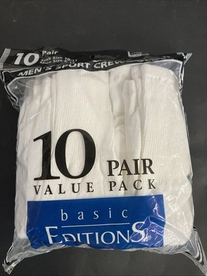Basic Editions Mens Sport Crew Socks 10 Pair Value Pack Size 10-13 Vintage White