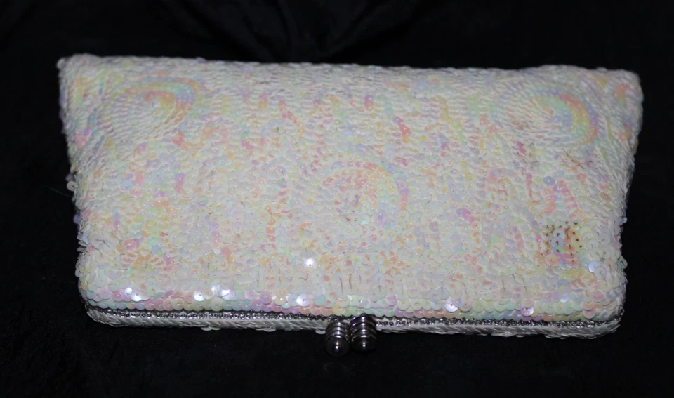 Bolso de Mano Ed B Robinson Vintage Blanco Lentejuelas Noche Hecho en Francia Foto 3 de 4