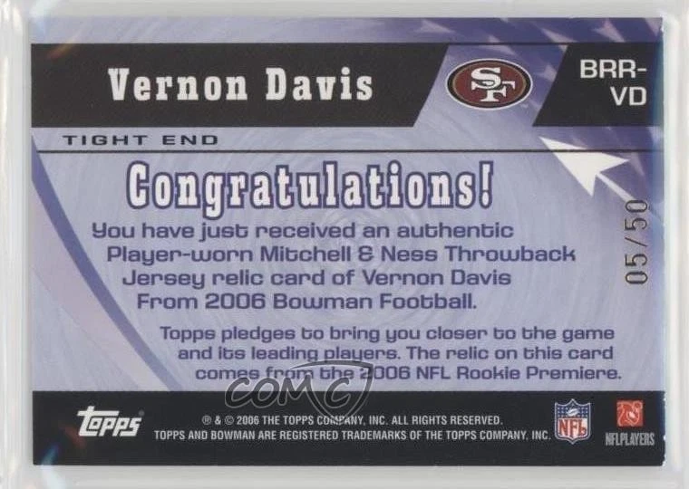 2006 Bowman Rookie Rewind Jersey Gold /50 Vernon Davis #BRR-VD RC - Image 2 of 2