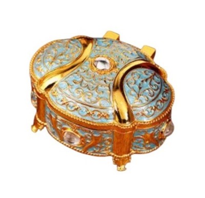 SKYBLUE  TIN ALLOY OVAL WIND UP MUSIC BOX :  BRAHMS LULLABY
