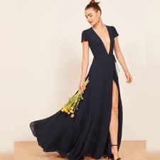 Reformation Rosey Maxi in Navy Blue Full Length Wrap Dress S W/ Dust Bag $428