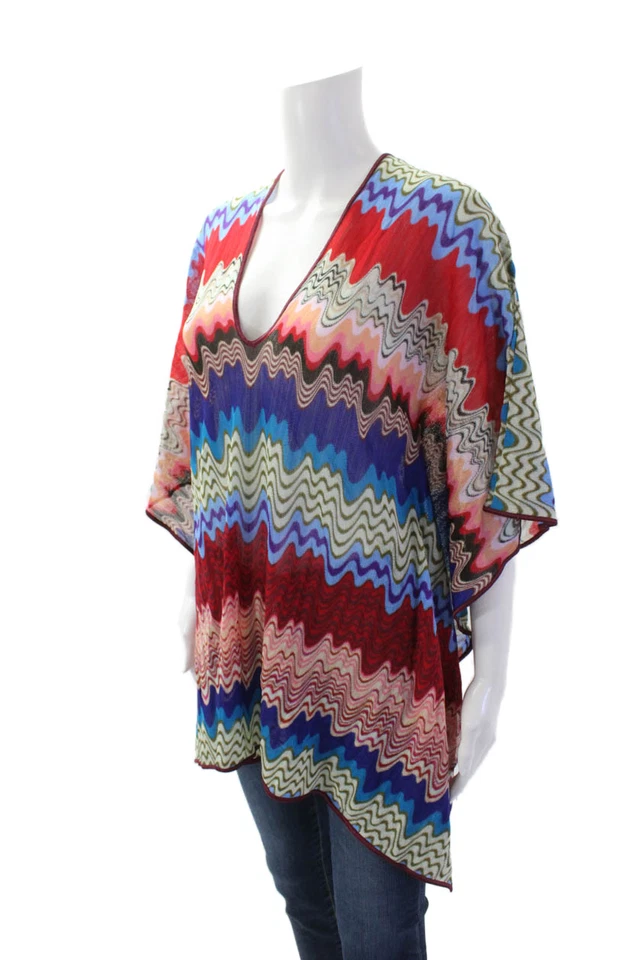 Missoni Mare Womens Half Sleeve Wavy Knit Cover Up Red Blue White Size IT 40 - Image 2 of 4