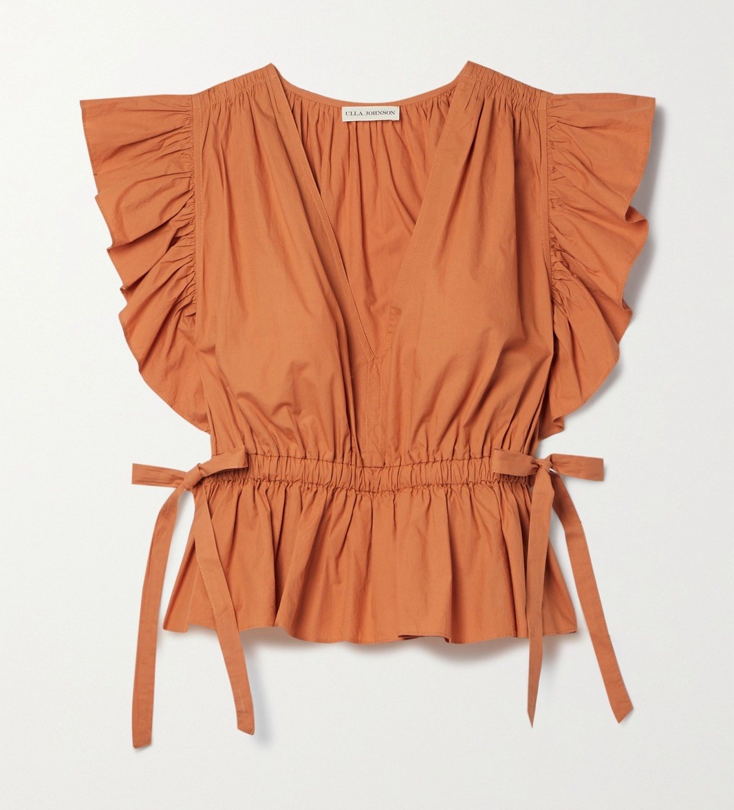 Ulla Johnson Lyla Flutter Sleeve Peplum Top Women’s 2 Orange Clay Bowtie Ruffle