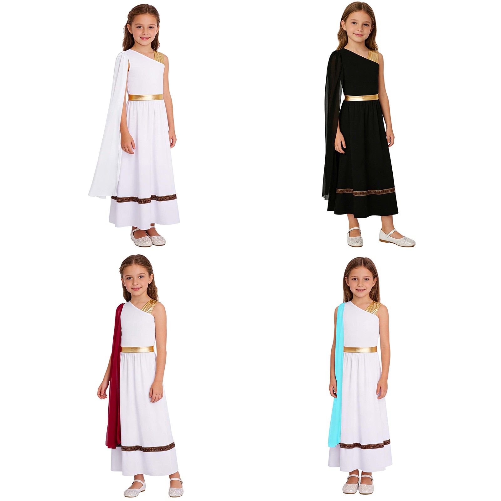Kids Greek Roman Toga Costume Patchwork Sleeveless Dress Seamed With Shawl Cape