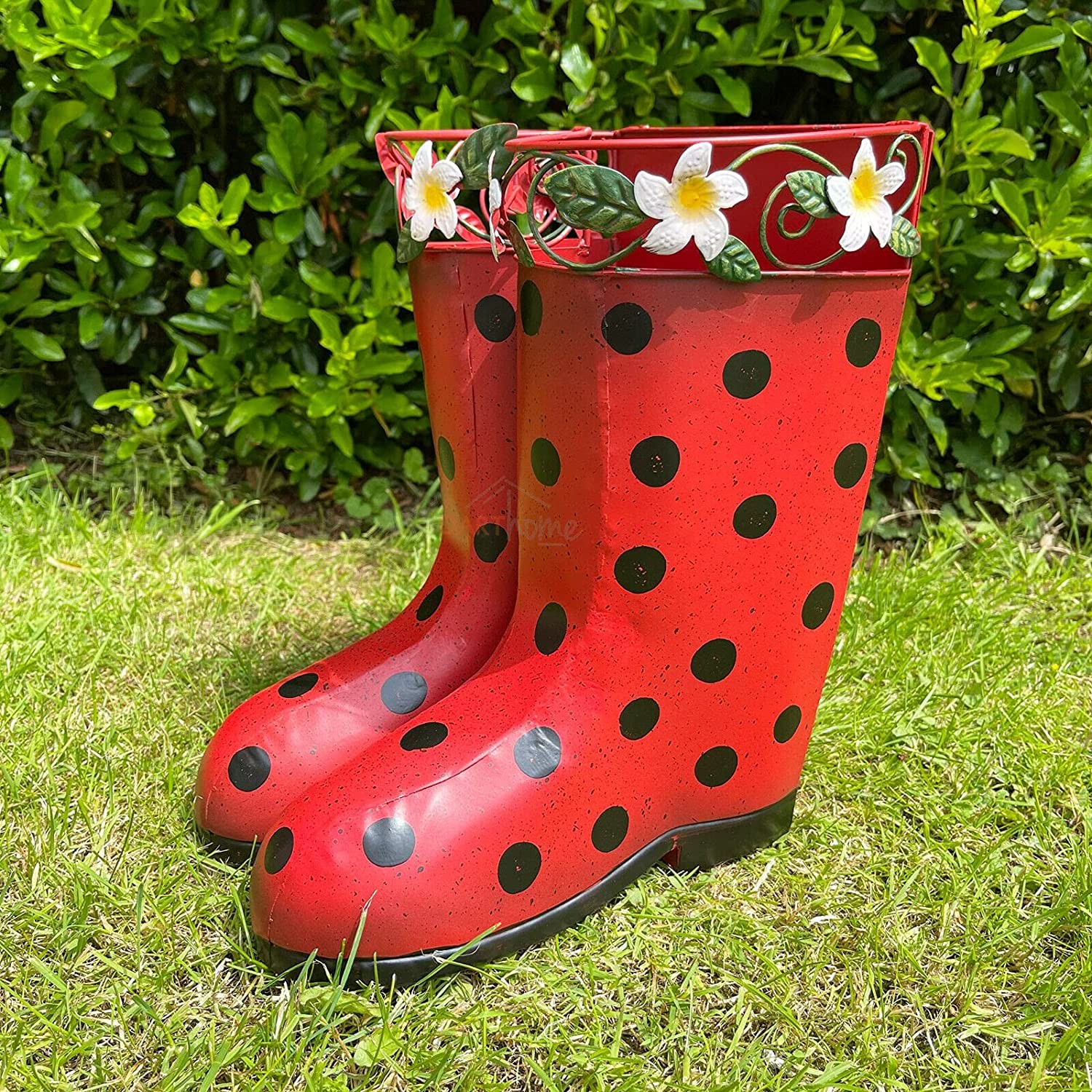 Metal Wall Hanging Red Black Polka Dot Pair Of Wellies Boots Garden Planter