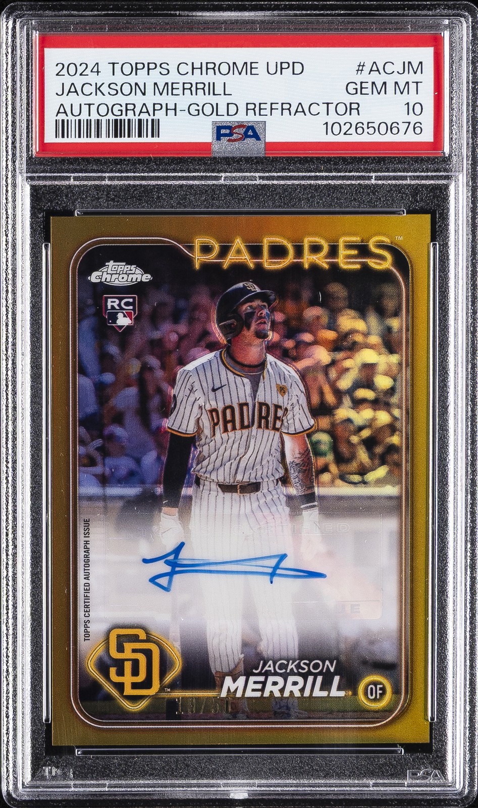 2024 TOPPS CHROME UPDATE AUTO GOLD REFRACTOR JACKSON MERRILL RC /50 PSA 10