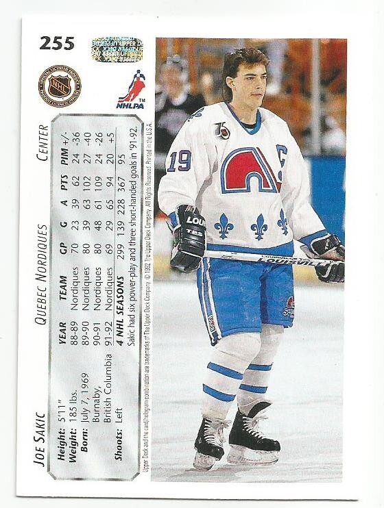 You JOE SAKIC 1992-93 UPPER DECK CARD NM-MT+ CONDITION QUEBEC