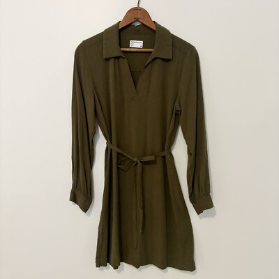 Frank & Oak Long Sleeve Tie Waist Dress Notch Neck Collared Mini Green Small