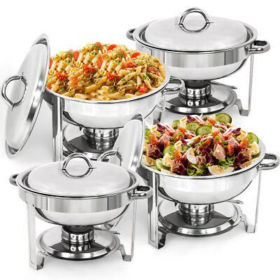 4 Pack Round Stainless Steel Chafing Dishes 5 Quart Durable Tray Buffet Catering