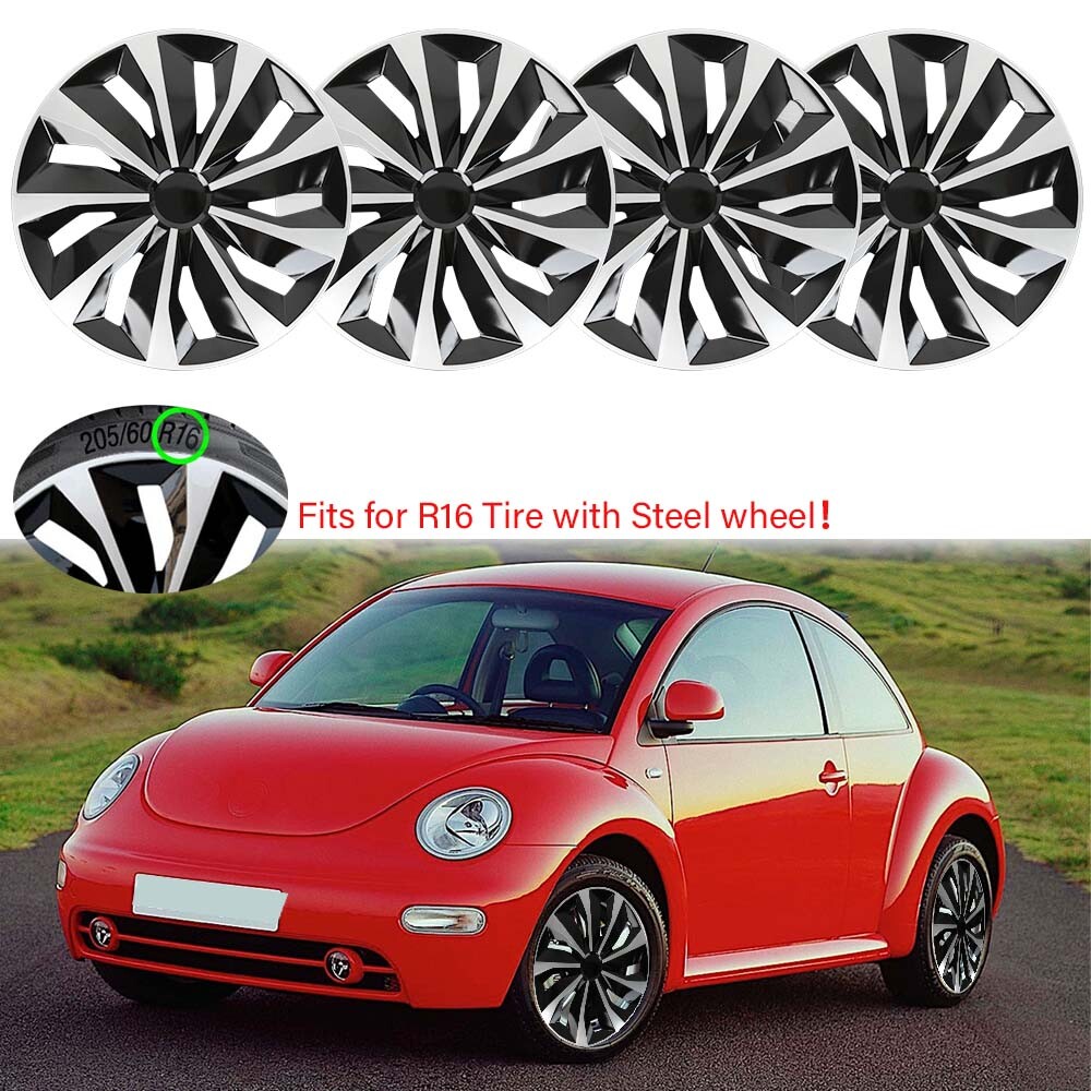4 PCS 16 Inch Silver Snap-On Wheel Covers for Volkswagen Beetle R16 Full Rim Hub Caps