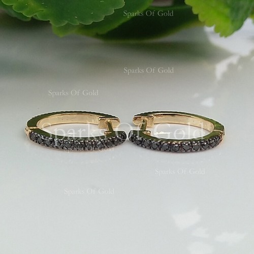 Natural Black & White Diamond Reversible Huggies 14K Yellow Gold Minimalist Jewe - Picture 5 of 8