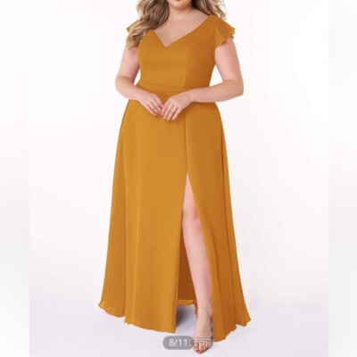 Azazie Claudine A-Line Ruched Chiffon Floor-Length Dress Sz 16 Butterscotch  EUC | eBay