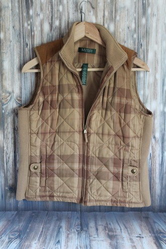 Lauren Ralph Womens Medium P/M Plaid Tan Leather Quilted Puffer Vest Zip - Picture 2 of 11