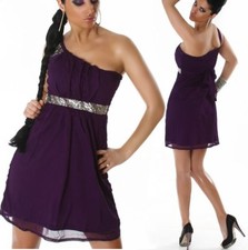 Sexy Ladies One Shoulder Beads Chiffon Mini Dress Evening 34 36 38 40 Purple