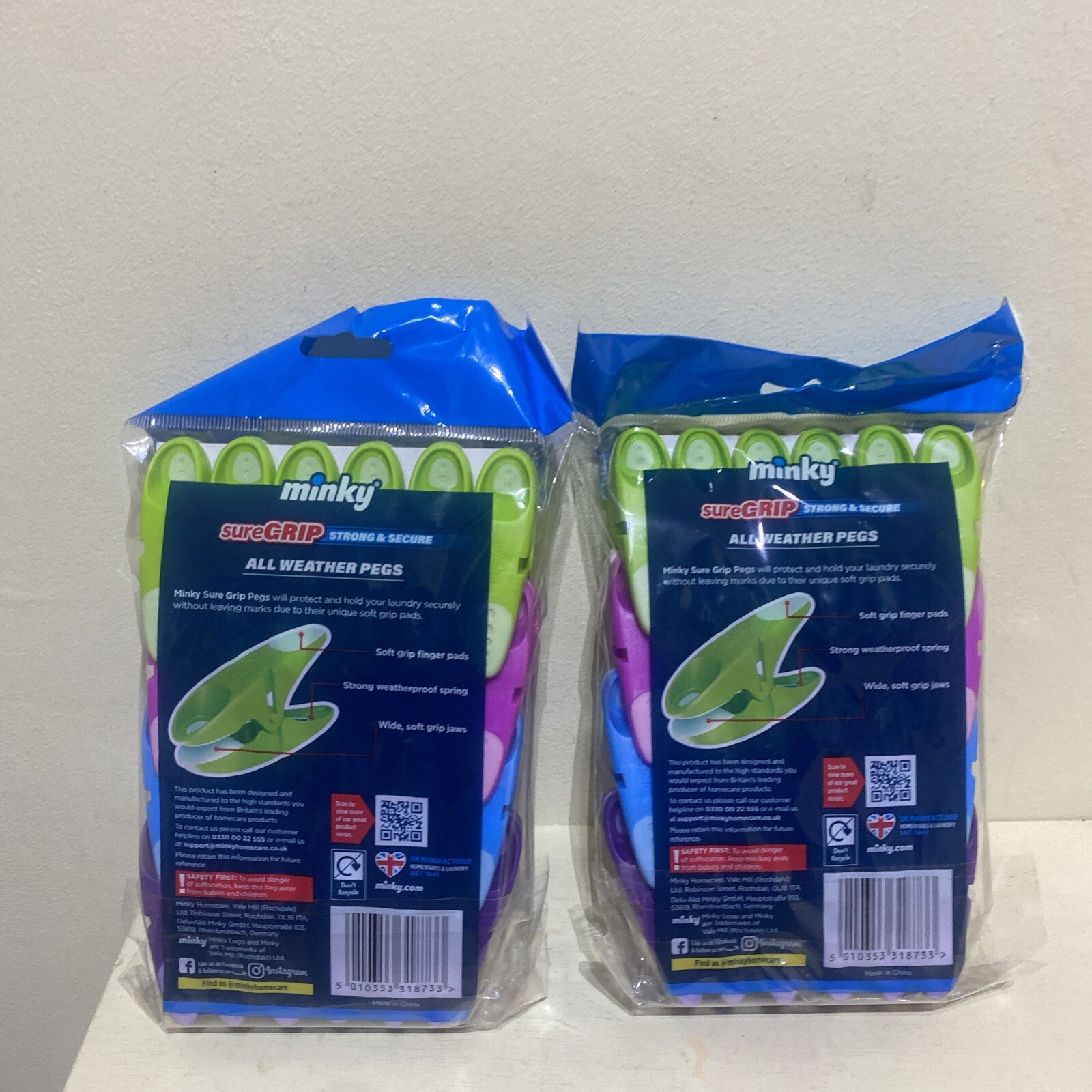 2x Minky Sure Grip Pegs Colourful Strong Weatherproof Plastic Clothes