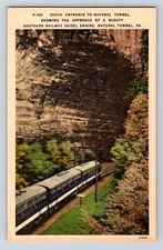 NATURAL TUNNEL APPROACH OF A NIGHTY DEISEL ENGINE RAILROAD RAILWAY POSTCARD AS