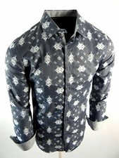 Mens Shirt Grey White Designer Diamond Pattern Slim Fit Casual Button Front