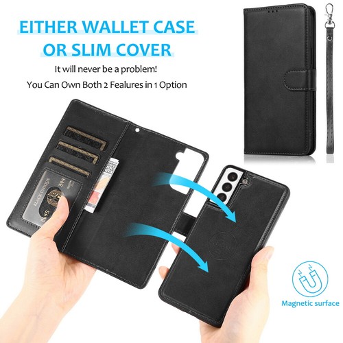 Leather Flip Card Slots Wallet Case Detachable Magnetic Cover for Samsung Phones - Picture 1 of 90