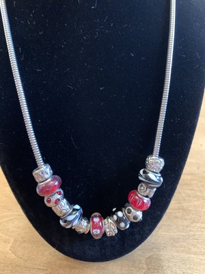 NWT Christopher & Banks 18  Necklace With Red Black & Silver Tone Charm Beads