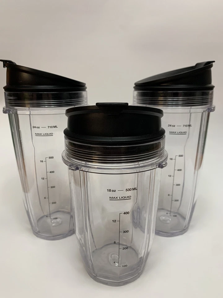 NUTRI NINJA Blender Set of 3 24oz 18oz Clear Cups + Black Drinking Sipping Lids - Image 2 of 4