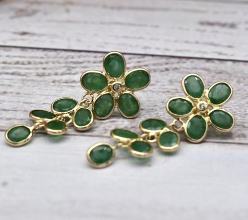 10k SOLID YELLOW GOLD NATURAL Emerald FLOWER DIAMOND FINE EARRINGS DANGLE DROP - Picture 8 of 11