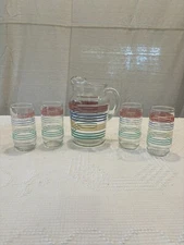 Vintage Libbey Retro Striped Pitcher W/4 Glasses Set