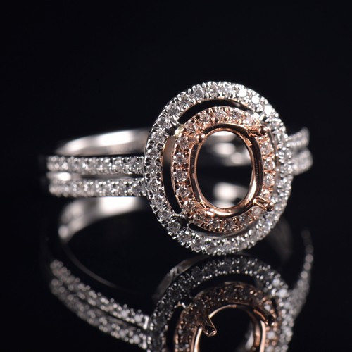 Custom Oval 8x6MM Natural Diamond Double Halo Ring Semi Mounting Solid 14K Gold - Picture 5 of 8