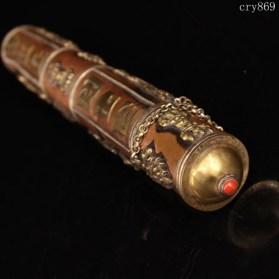 10.8"collection Antique Tibet Pure Copper Handmade Carving Incense Barrel - Image 4 of 4