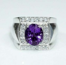 Natural Amethyst & CZ Gemstones with 925 Sterling Silver Ring For Men's #4519