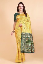Woman's Kota-Litchi Jacquard Border Yellow Saree with Unstitched Blouse Piece.