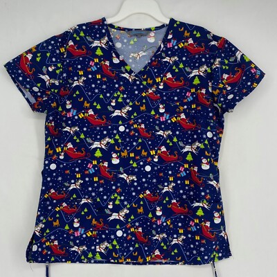 Serene Uniforms Womens Large Scrub Top Blue Christmas Santa Claus Unicorns  SS