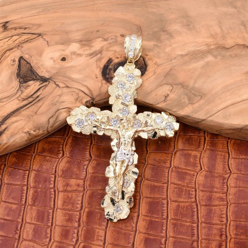 11.4cm Nugget Estilo Texturizado Jesús Cruz Colgante Real 10K Yellow Oro Blanco - Imagen 7 de 8