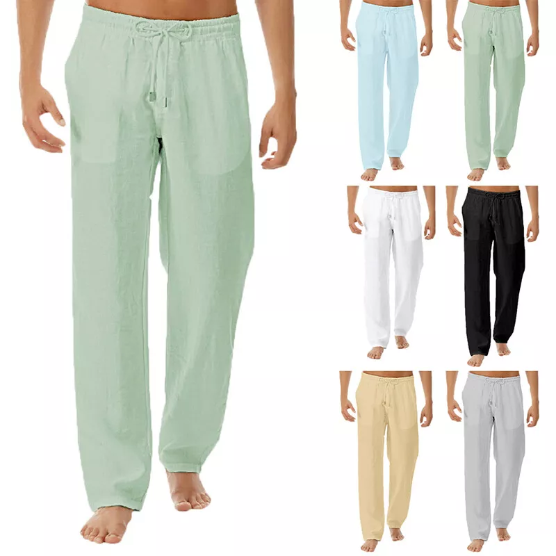 MENS PANTS LOOSE Cotton Linen Straight Pants Elastic Waist Casual Loose  Trousers £4.59 - PicClick UK