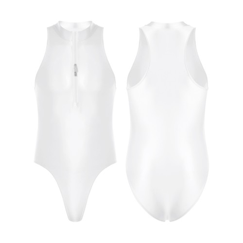 Men's Gloosy Silky Satin Swimwear Bodycon Sport Bodysuit Zipper Front Nightwear - Picture 4 of 46