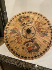 Vintage Asian Rice Paper Oriental Umbrella Parasol Bamboo Handle Dragon details