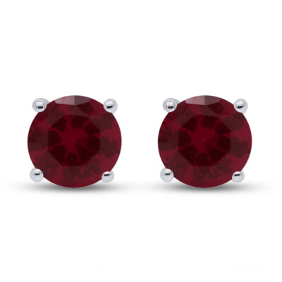 Round Cut Simulated Red Ruby 14k White Gold Plated Stud Earrings