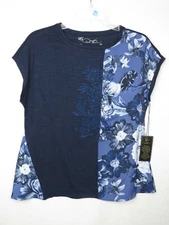 NWT DG2 DIANE GILMAN NAVY MIXED MEDIA EMBROIDERED/FRONT SEAM KNIT TOP SZ XS B368